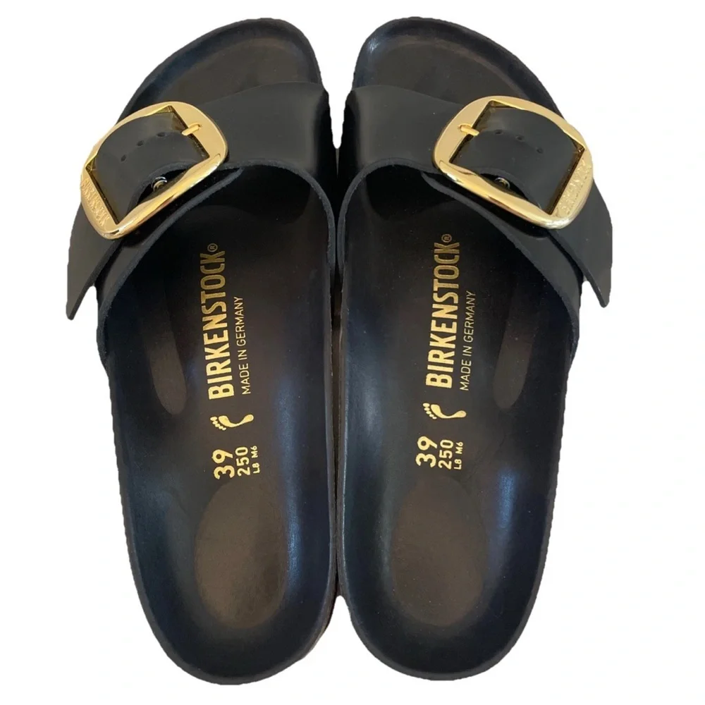 Birkenstock Madrid High Shine Big Buckle Black Slide Sandal Gold Size 39/US 8 - Picture 5 of 12